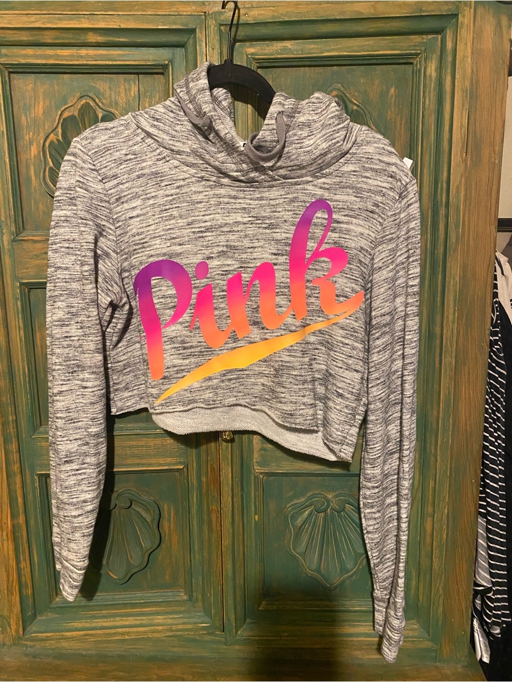 Victoria's Secret Pink Gray Cropped Cowl Neck Sweater with Gradient Logo